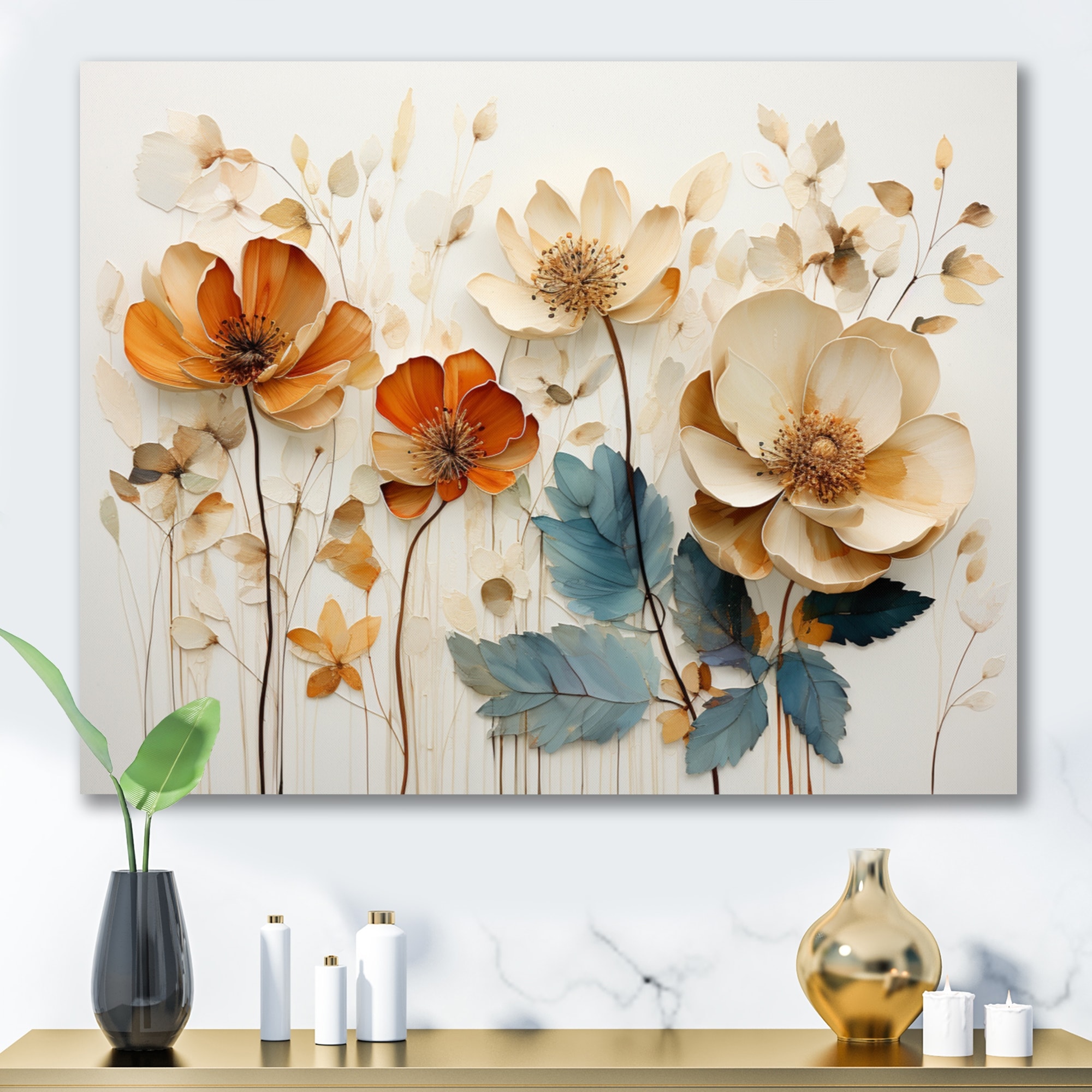 Designart "Gold And Blue Abstract Botanical" Botanicals Wall Art Bed